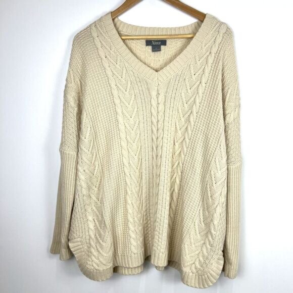 Natural Reflections V-Neck Sweater Oatmeal Cable Knit Fisherman’s Preppy Size XL - Picture 2 of 16